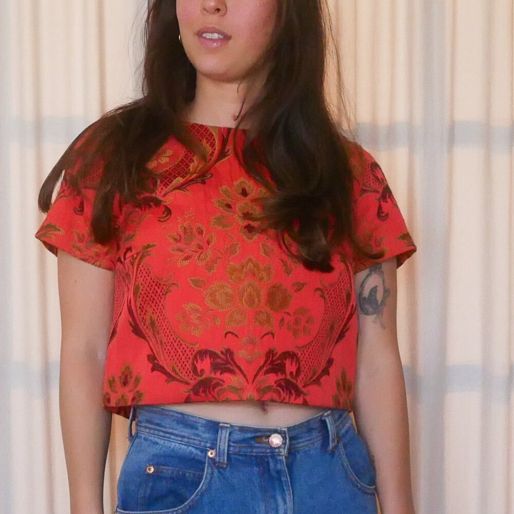 Vintage-Inspired Red Brocade Crop Top with Gold Floral Detailing